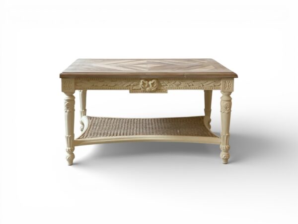 Clarion Classic Cane Table with carved teak wood and cane shelf