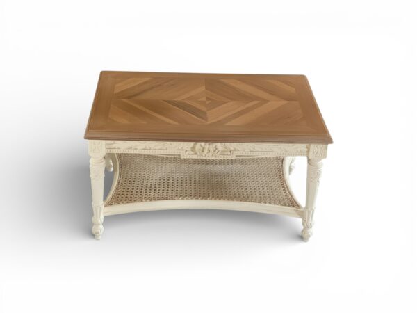 Handcrafted cane shelf centre table in ivory finish