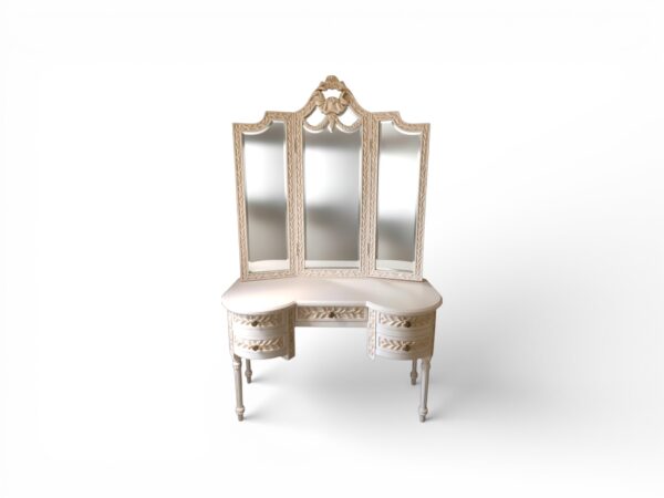 Triple mirror dressing table with carved frame