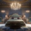 Designer luxury bed with tufted headboard and carvings