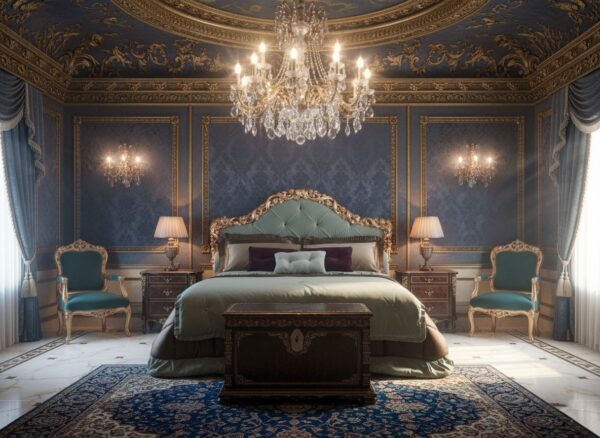 Designer luxury bed with tufted headboard and carvings