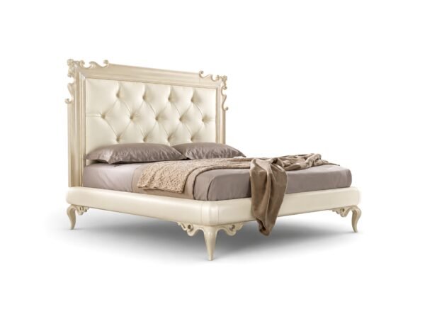 Luxury pearl upholstered bed with sculpted frame