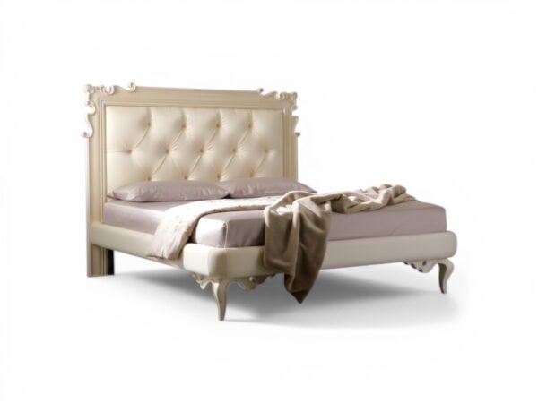 Luxury pearl upholstered bed with sculpted frame