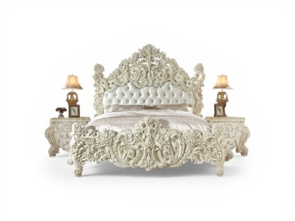 Palace style luxury bed with intricate scroll carvings