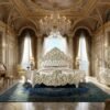 Throne inspired master bedroom bed with tufted upholstery
