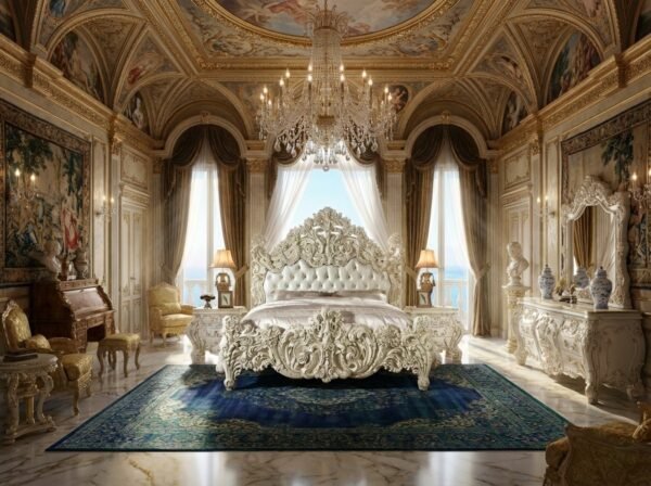 Throne inspired master bedroom bed with tufted upholstery