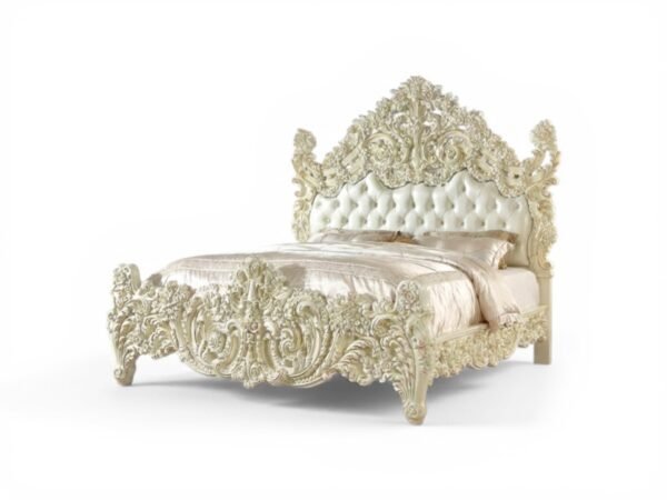 Grand sculpted wooden bed with ornate detailing