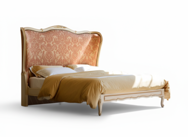 Designer carved frame bed with damask fabric