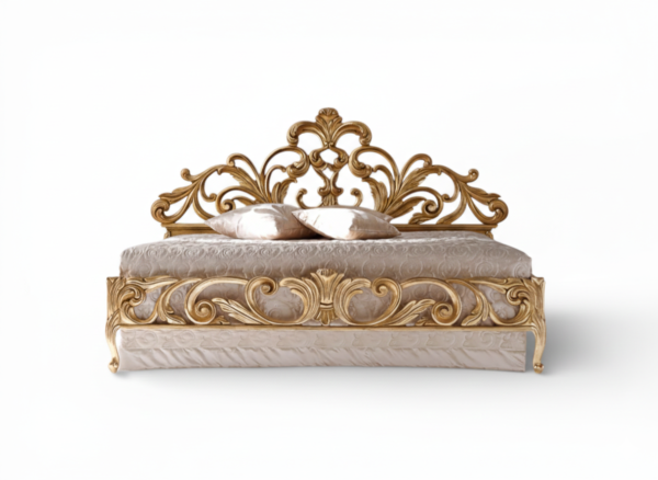 Crowned Scroll Haven Bed with gold carved headboard