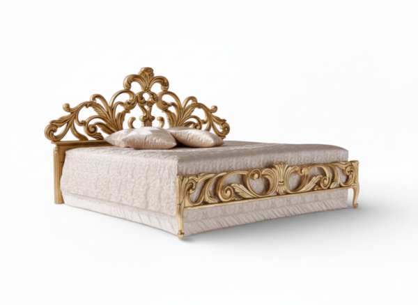 Crowned Scroll Haven Bed with gold carved headboard