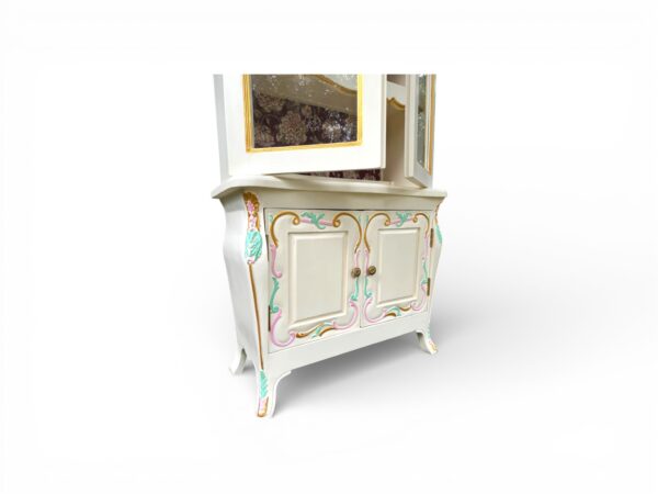 Tall slim display cabinet with decorative accents