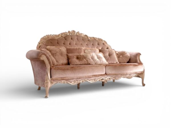 Blush Majesty Carved Sofa hand carved hardwood frame