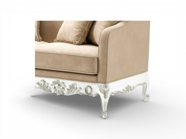 Classic ornate settee with soft bisque upholstery
