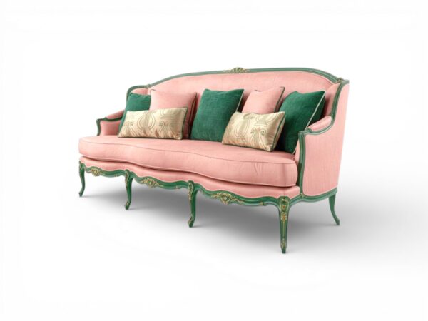 Blush Opulent Crest Sofa carved hardwood frame