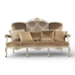 Elegant damask loveseat with carved wooden frame