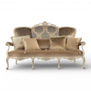 Elegant damask loveseat with carved wooden frame