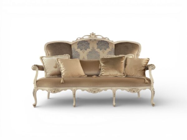 Elegant damask loveseat with carved wooden frame
