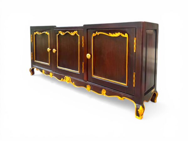 Elegant wooden buffet with gold scroll detailing