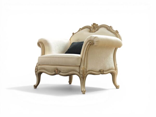 Antique lounge armchair with carved wooden frame