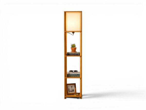 Modern wooden floor lamp with storage shelves
