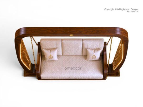 Designer wooden swing with curved frame