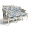 White carved sofa with blue toile upholstery