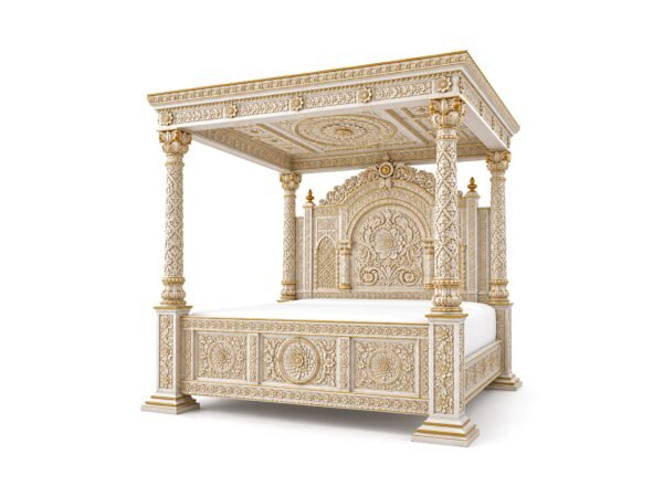 Luxury carved teakwood bed with ornate canopy