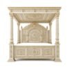 Taj Mahal Royal Bed handcrafted in premium teakwood with intricate carvings, white matte Deco paint, and an ornate royal canopy design.