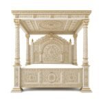 Taj Mahal Royal Bed handcrafted in premium teakwood with intricate carvings, white matte Deco paint, and an ornate royal canopy design.