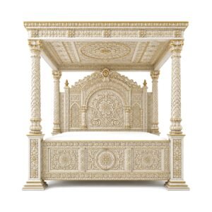 Taj Mahal Royal Bed handcrafted in premium teakwood with intricate carvings, white matte Deco paint, and an ornate royal canopy design.