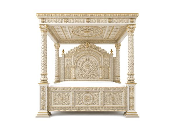 Taj Mahal Royal Bed handcrafted in premium teakwood with intricate carvings, white matte Deco paint, and an ornate royal canopy design.